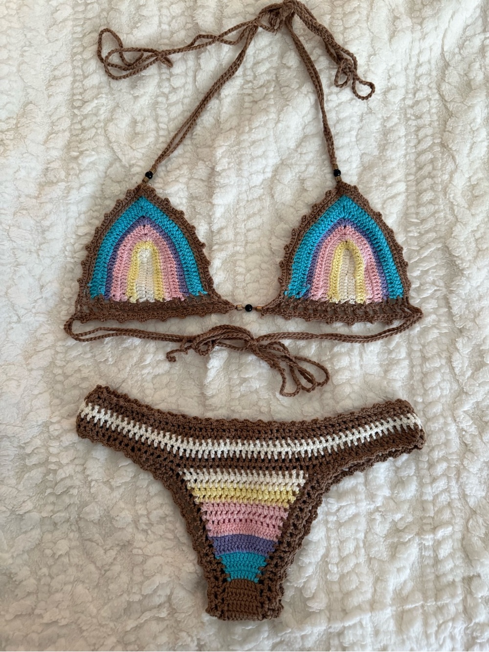 Brown Crochet Rainbow-Trim Bikini Set - Picture 6 of 7